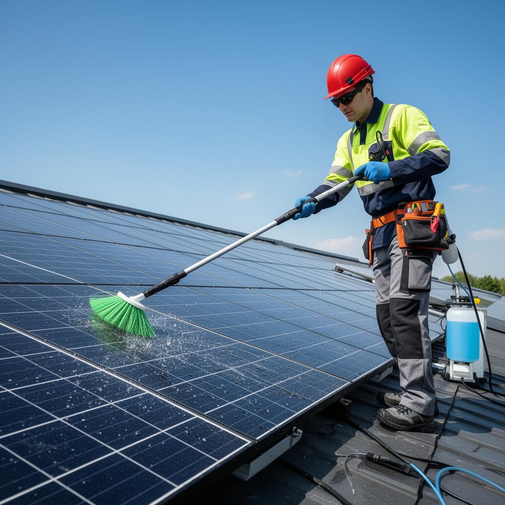 Fachgerechte Reinigung einer Solaranlage mit Teleskoplanze und Osmose-Wasser